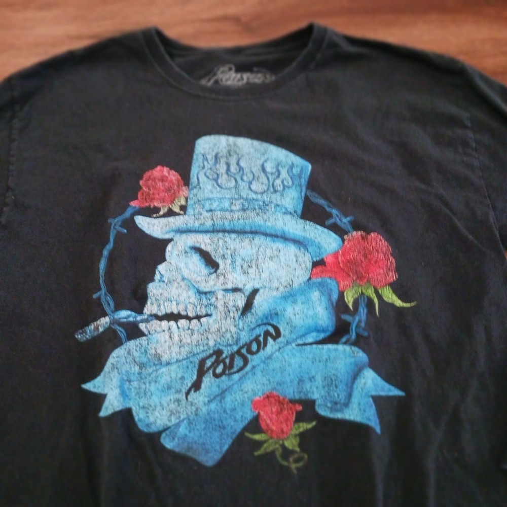 Poison American Made Rock and Roll Long Sleeve Shirt Black Large Skull Hat Roses